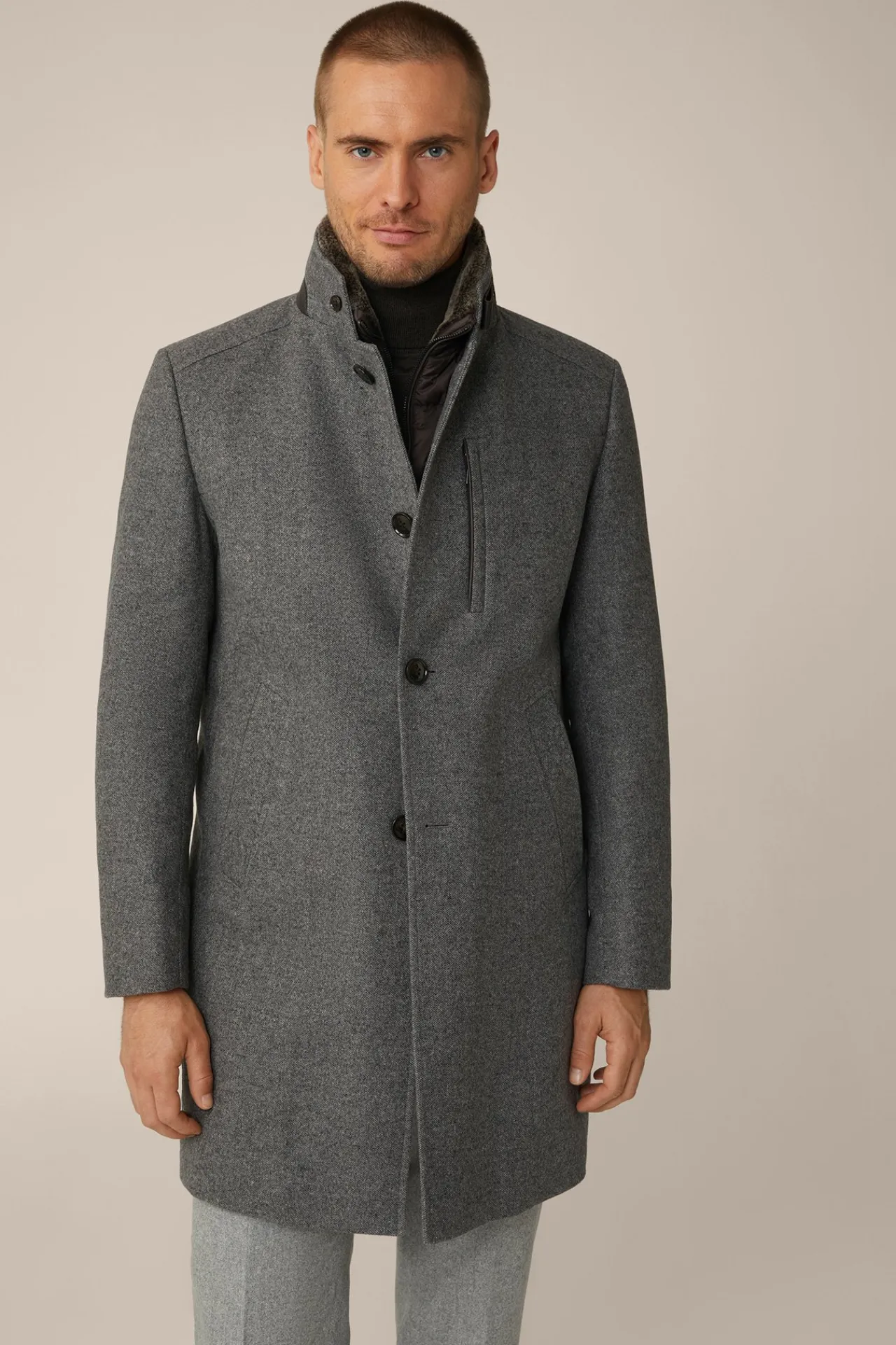 Stehkragen-Mantel Rivano Mit Cashmere Und Lammfellkragen In Grau Meliert*Windsor Sale