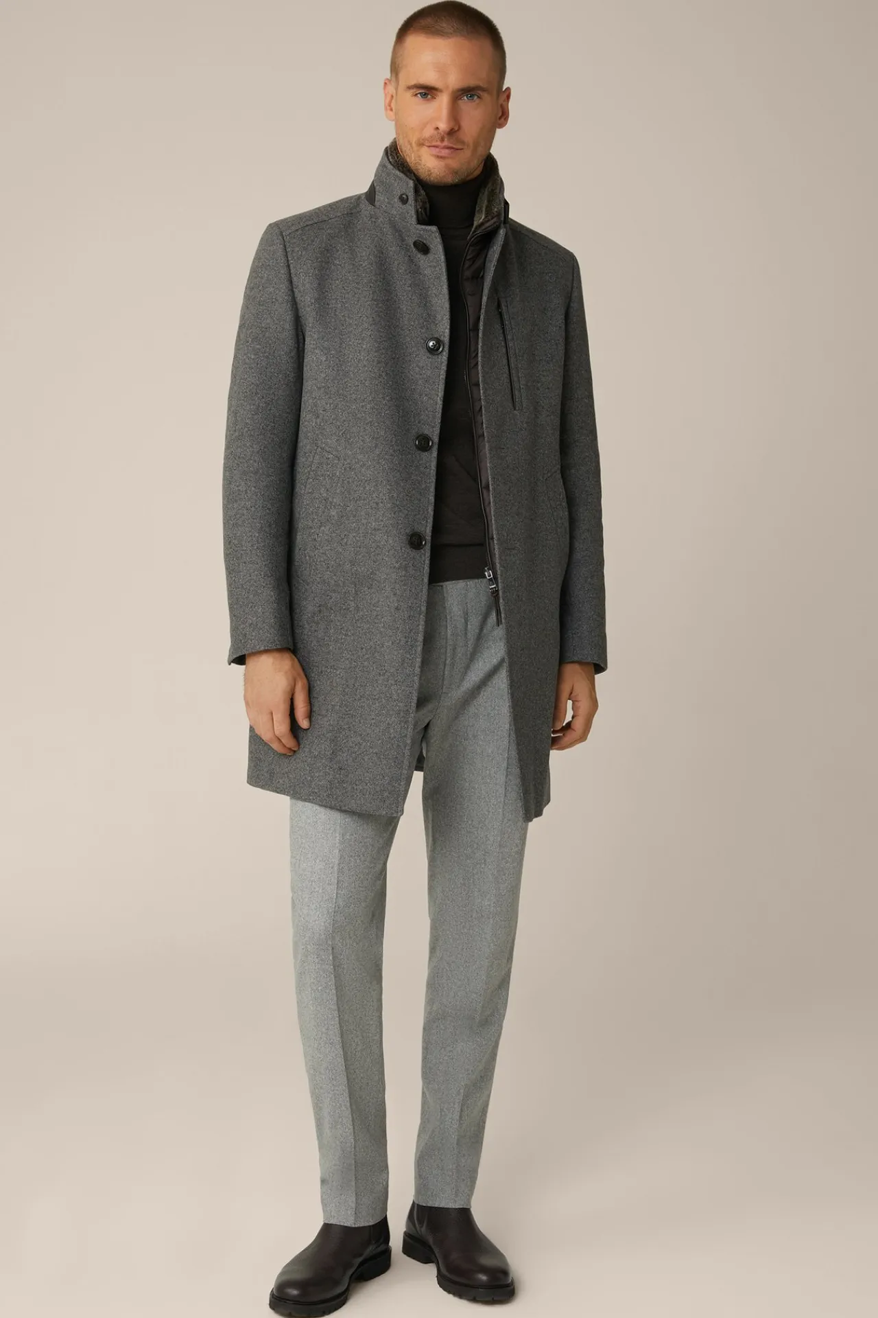 Stehkragen-Mantel Rivano Mit Cashmere Und Lammfellkragen In Grau Meliert*Windsor Sale