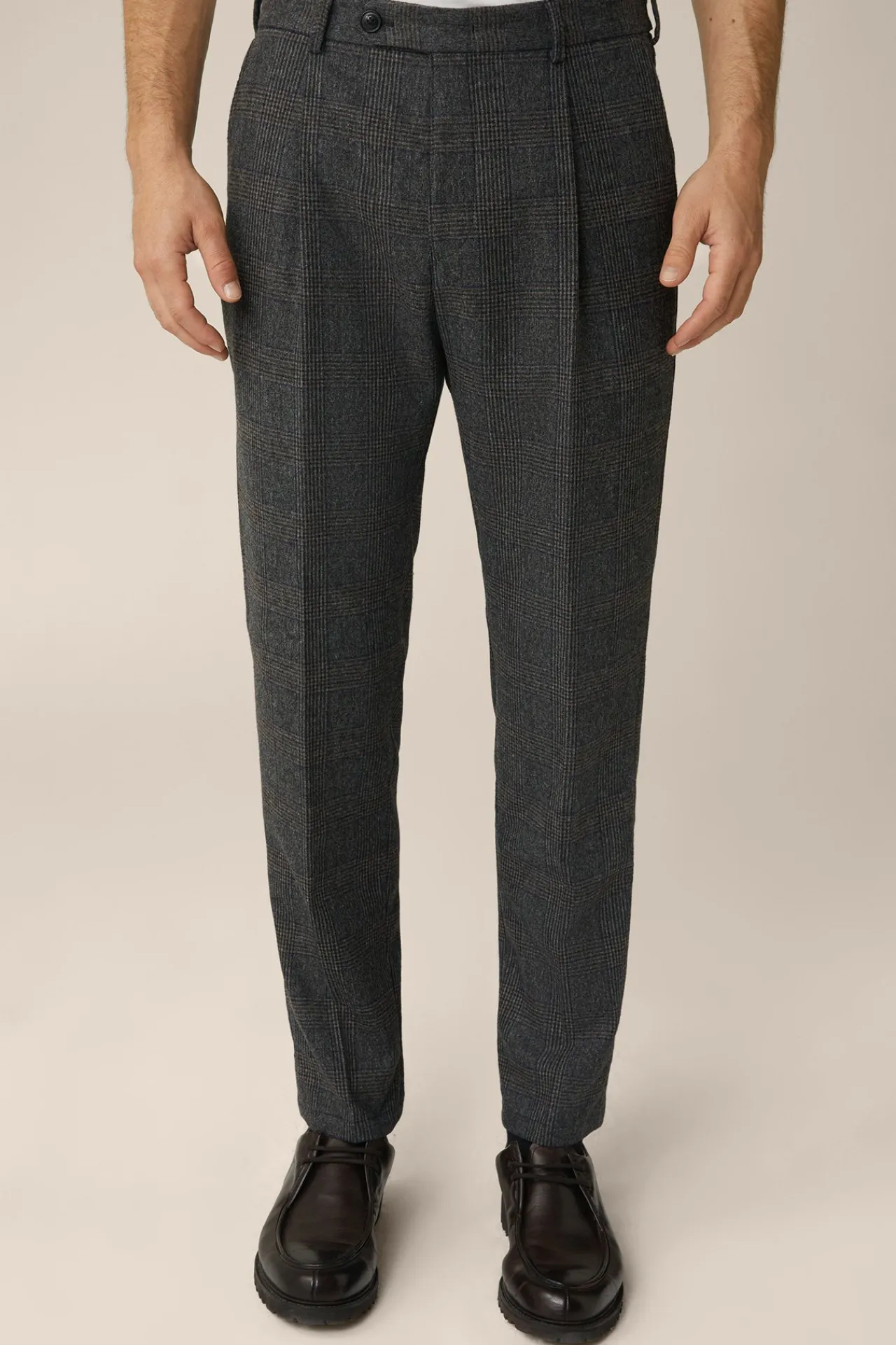 Wollmix-Baukasten-Hose Frero Mit Bundfalte In Anthrazit-Blau Check*Windsor New